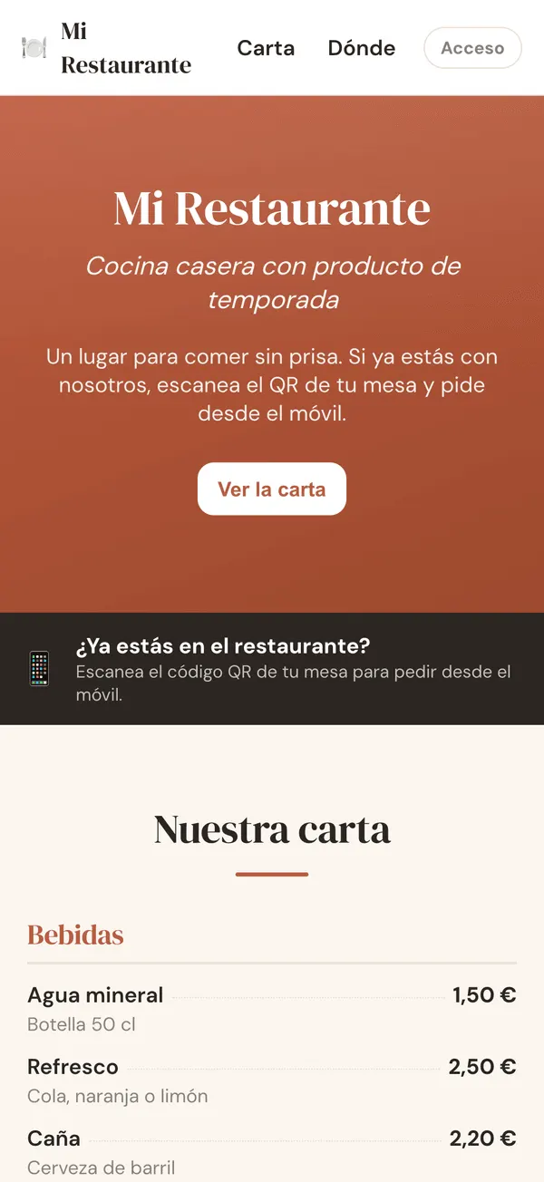 Web de restaurante en móvil